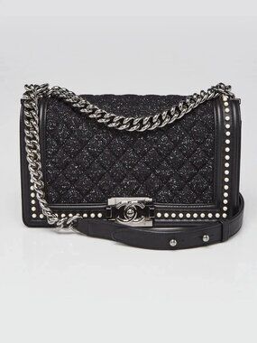 Chanel Black Quilted Tweed and Pearl Medium Boy Bag